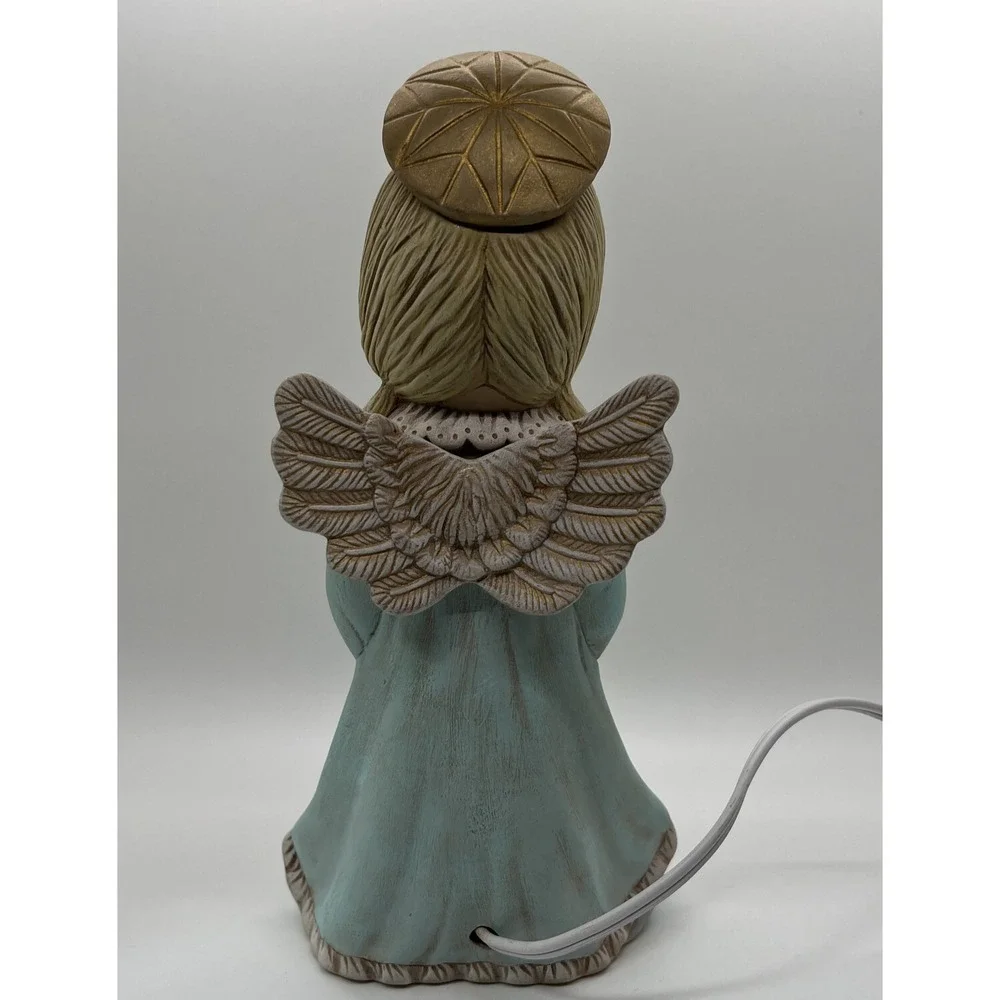 Vintage Angel Night Light Lamp Big Eyes Ceramic Figurine Blue Dress Halo Lantern